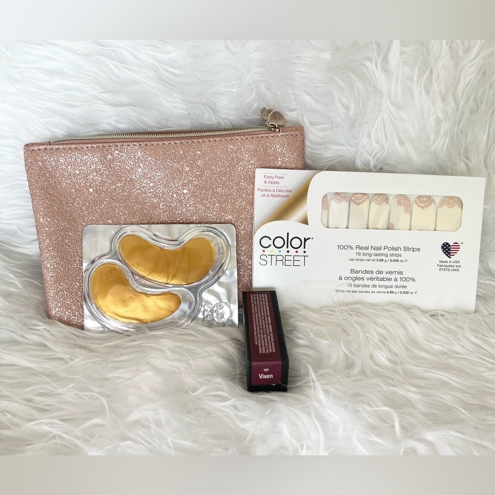 Ipsy bag, Color street Nail strips, eye mask, and lip stick.